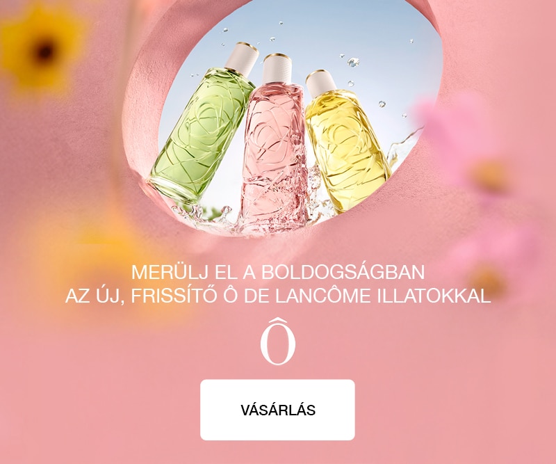 Lancôme Ô de Lancôme parfümök – zöld, rózsaszín és sárga üvegek virágos háttéren, új frissítő illatok nőknek